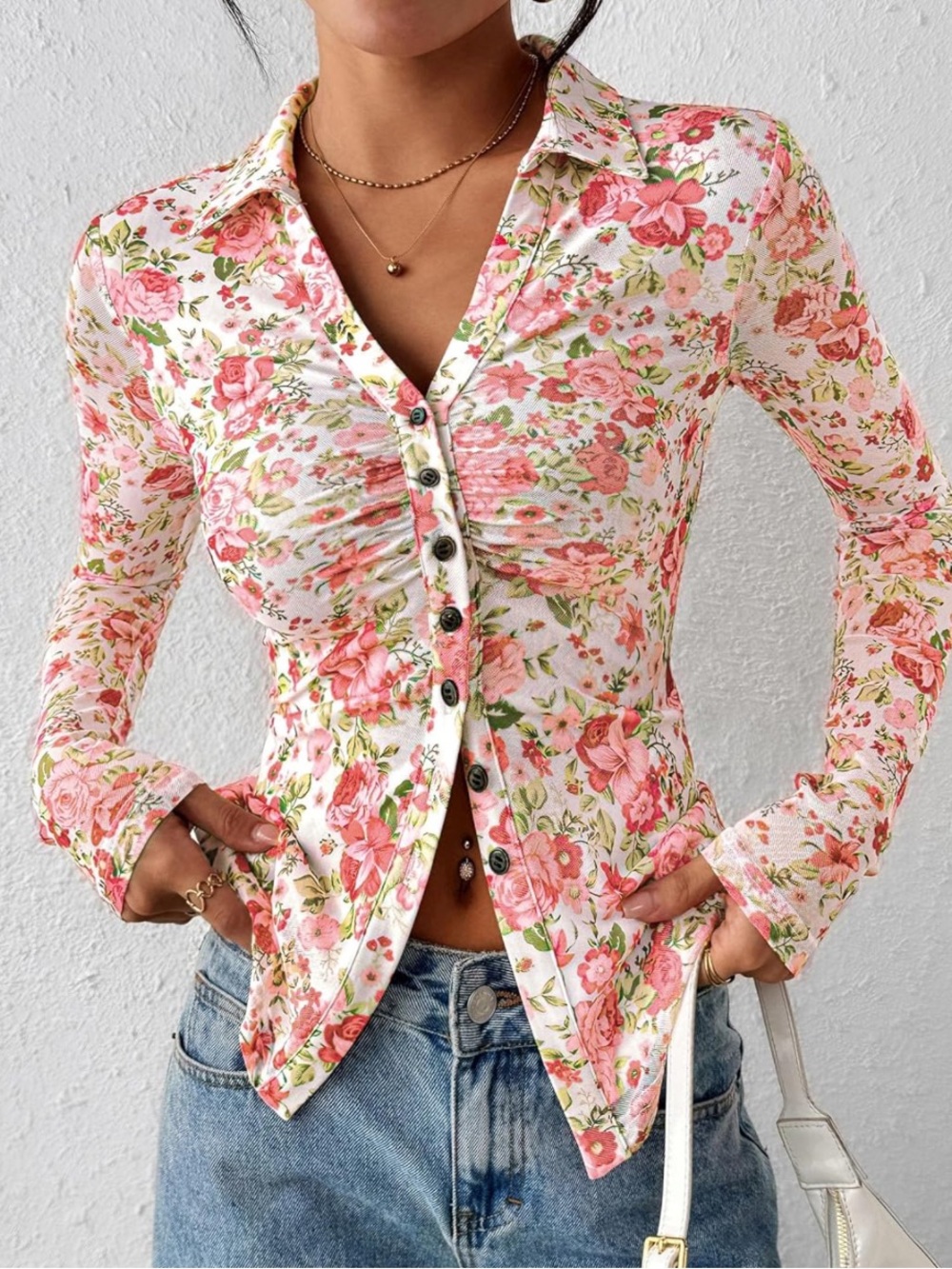 PrettyGarden Floral Mesh Ruched Blouse – Size Medium – NWT